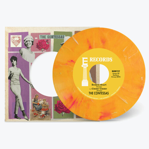 The Contessas: Broken Heart B/w Gimme Gimme - Peach/white Marble - VINYL LP "VINYLBADGES"